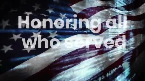 Animace textu ze dne veteránů nad zpracováním dat a americkou vlajkou. oslavy, nezávislost a koncepce americké tradice digitálně generované video.
