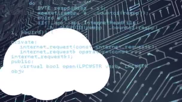 Animação Processamento Dados Nuvens Sobre Circuito Integrado Computadores Redes Globais — Vídeo de Stock