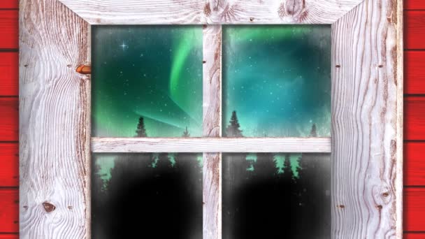 Animazione Aurora Boreale Paesaggi Invernali Natalizi Visti Attraverso Finestra Natale — Video Stock