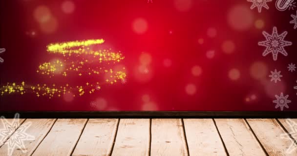 Animation Snow Falling Glowing Spots Forming Christmas Tree Red Background — Stock Video