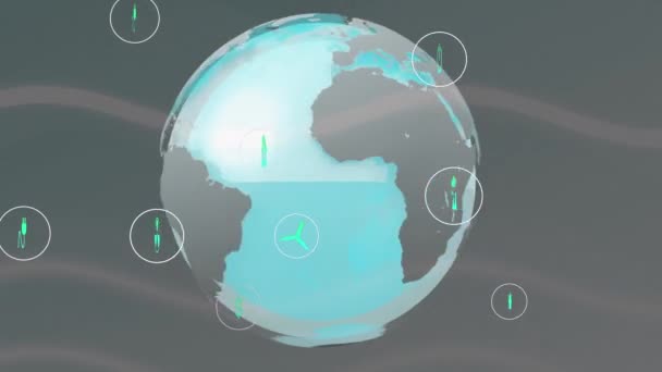Animação Ecologia Ícones Energia Verde Sobre Globo Aviões Sustentabilidade Global — Vídeo de Stock