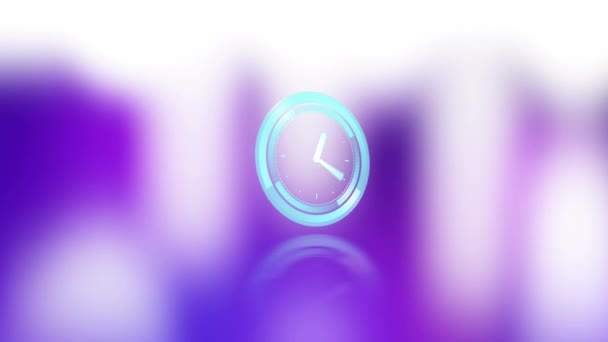 Neon Green Digital Clock Ticking Abstract Blue Shapes Blurred Background — Stock Video