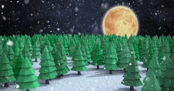 モミの木と冬の夜の風景の上に落ちる雪のアニメーション クリスマス 伝統とお祝いのコンセプトデジタルで生成されたビデオ — ストック動画