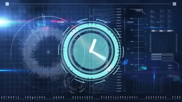 Animação Varredura Escopo Com Relógio Sobre Processamento Dados Fundo Preto — Vídeo de Stock