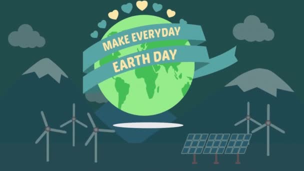 Animation Earth Day Globe Wind Turbines Dark Green Background Environment — Stock Video