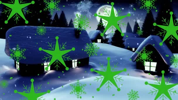 雪の上の緑の星と雪のアイコンは 夜空の月に対して冬の風景の上に落ちます クリスマス フェスティバルとお祝いのコンセプト — ストック動画