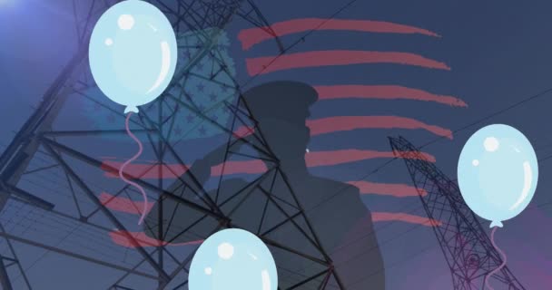 Animação Veteranos Dia Obrigado Texto Sobre Balões Silhueta Soldado Bandeira — Vídeo de Stock
