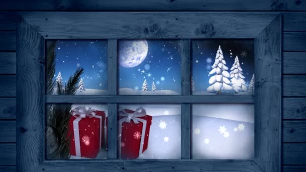 Animazione Natale Presenta Nel Paesaggio Invernale Visto Attraverso Finestra Natale — Video Stock