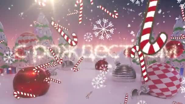 Candy Cane Icons Snowflakes Falling Schastlivogo Rozhdestva Text Winter Landscape — Stock Video