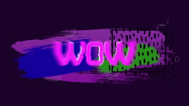 Animation Wow Text Moving Colorful Geometrical Graphics Shapes Dark Background — Stock Video