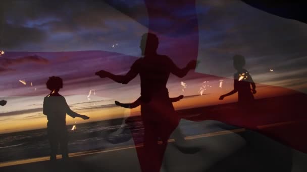 해변에서 재미있게 친구들에게 국기를 흔들어 애니메이션 애국심 디지털 비디오 — 비디오