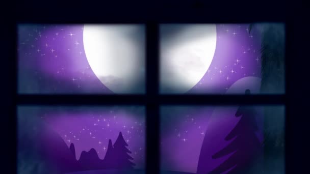 冬の風景の上にトナカイによって引かれているそりのサンタクラスに対する窓枠 クリスマス フェスティバルとお祝いベクトルイラストのコンセプト — ストック動画