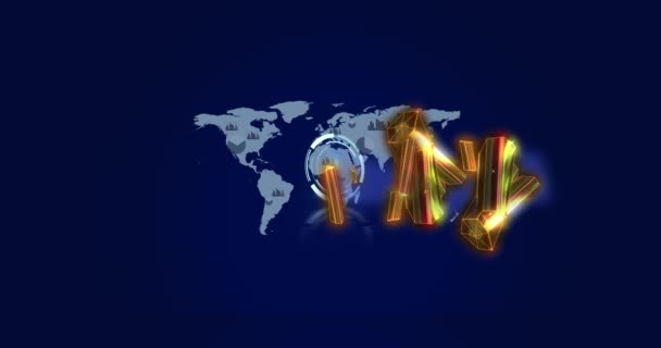 Animation Digital Interface World Map Glowing Shapes Dark Background Global — Stock Video