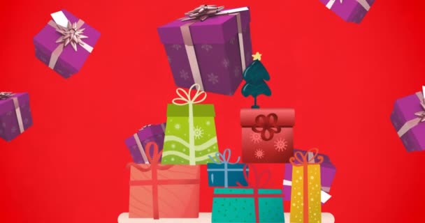Animation Des Verkaufstextes Über Bunten Fallenden Geschenken Weihnachtsverkauf Winter Einkaufskonzept — Stockvideo