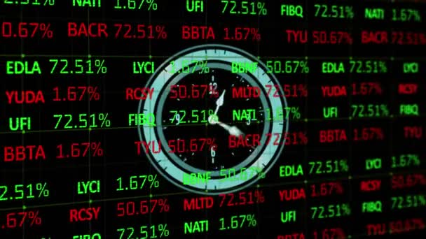 Procesamiento Datos Del Mercado Valores Contra Reloj Digital Neón Marcando — Vídeo de stock