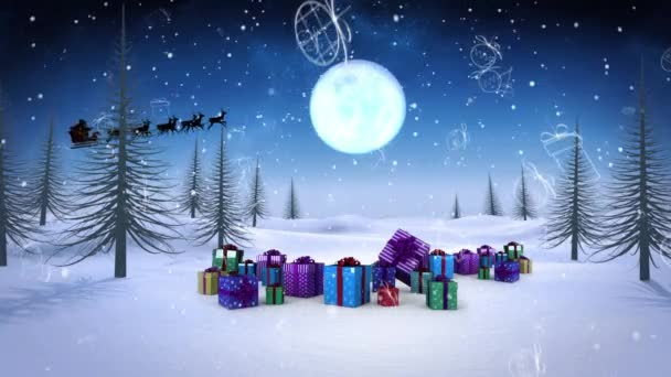 Karácsonyi Koncepció Ikonok Esik Karácsonyi Ajándékok Téli Táj Ellen Éjszakai — Stock videók