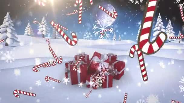 Πολλαπλές Εικόνες Ζαχαροκάλαμου Και Νιφάδες Χιονιού Πέφτουν Πάνω Χριστουγεννιάτικα Δώρα — Αρχείο Βίντεο