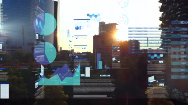 Animacja Statystyk Przetwarzanie Danych Przestrzeni Miejskiej Koncepcja Globalnego Biznesu Finansów — Wideo stockowe
