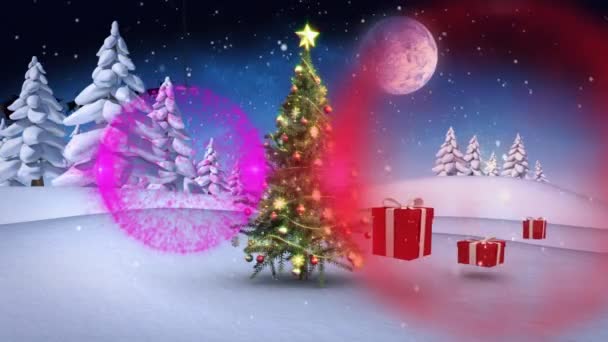 Coloridas Decoraciones Adornos Adornos Colgando Contra Árbol Navidad Regalos Paisaje — Vídeos de Stock