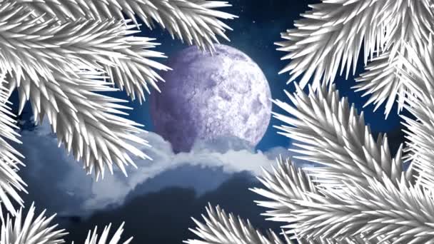 Witte Kerstboom Takken Boven Kerstman Slee Wordt Getrokken Door Rendieren — Stockvideo