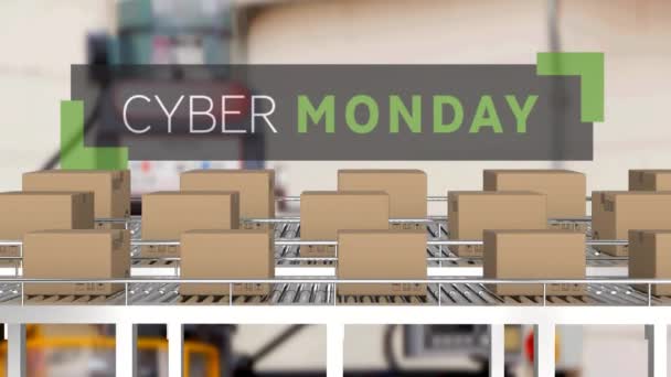 Animatie Van Cyber Monday Tekst Kartonnen Dozen Transportbanden Wereldwijd Online — Stockvideo