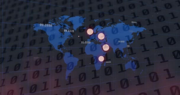 Animering Laddningscirklar Ikoner Och Binär Kodning Nummer Förändras Över Världskartan — Stockvideo