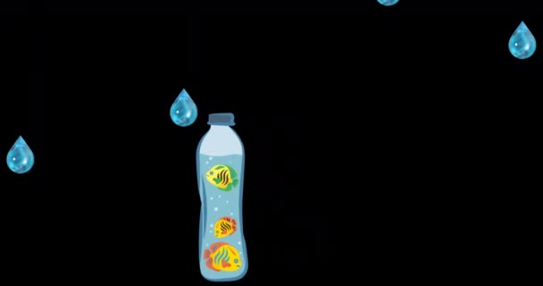Animering Flaska Med Fisk Och Vattendroppar Svart Bakgrund Miljö Hållbarhet — Stockvideo