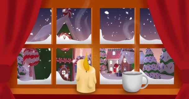 Burning Candle Coffee Cup Window Frame Snow Falling Winter Landscape — Stock Video