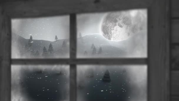 Holzfensterrahmen Gegen Schnee Der Über Winterlandschaft Gegen Mond Nachthimmel Fällt — Stockvideo