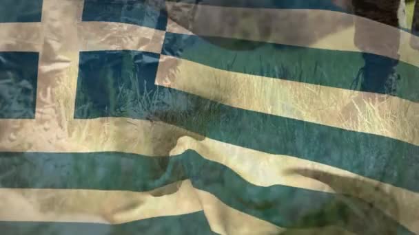 Animación Bandera Grecia Sobre Diversos Soldados Masculinos Ejército Defensa Civil — Vídeos de Stock