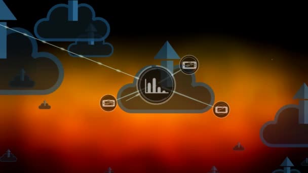 Animación Red Conexiones Sobre Flechas Nubes Sobre Fondo Naranja Redes — Vídeo de stock