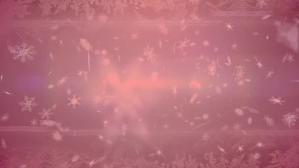多片雪花图标在红色背景的光斑上飘扬 圣诞节的庆祝和庆祝概念 — 图库视频影像