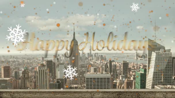 Happy Holidays Text Yellow Spots Floating Snowflakes Floating Cityscape Christmas — Stock Video
