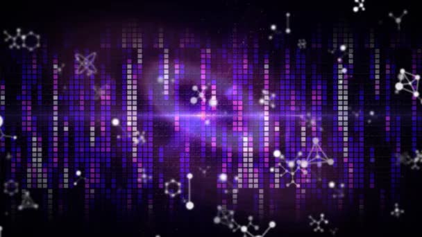 Animace otáčejících se molekul nad purpurovým kruhem a pozadí ze čtverců. new years eve party, dicso and entertainment concept digitally generated video.