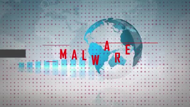 Animacja Tekstu Złośliwego Oprogramowania Globu Diagramami Białym Tle Cyberprzestępczość Cyberatak — Wideo stockowe
