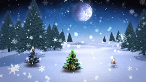 Décorations Noël Accrochées Des Flocons Neige Tombant Sur Trois Arbres — Video