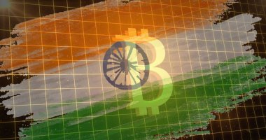 Hindistan bayrağı ve bitcoin sembolü parlıyor. şifreleme para birimi, finans ve ekonomi konsepti dijital olarak oluşturulmuş görüntü.