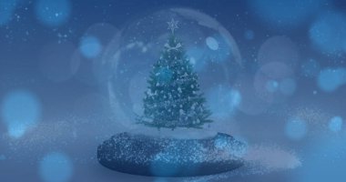 Kış manzarasında kar küresinin üzerine düşen ışıkların görüntüsü. Noel, gelenek ve kutlama konsepti dijital olarak oluşturuldu.