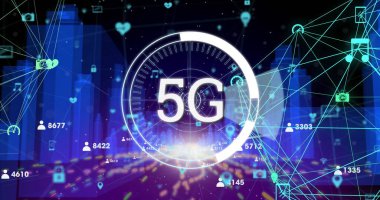 Kapsam üzerinde daire şeklinde yazılmış 5G metin resmi, bağlantı ağı 3D şehir manzarası. Beşinci nesil mobil telekomünikasyon ağı teknolojisi arayüzü kavramı dijital olarak oluşturuldu.