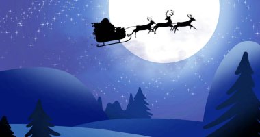 Arka planda dolunay olan ren geyikleri tarafından çekilen Noel Baba 'nın siyah bir silüeti.. 