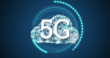 Gelecekçi bir bulutun arka planında 5G etrafında hareket eden gelecekçi çemberlerin dijital görüntüsü 