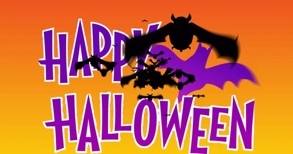 Immagine Auguri Halloween Pipistrelli Che Volano Sfondo Arancione Halloween Tradizione — Foto Stock