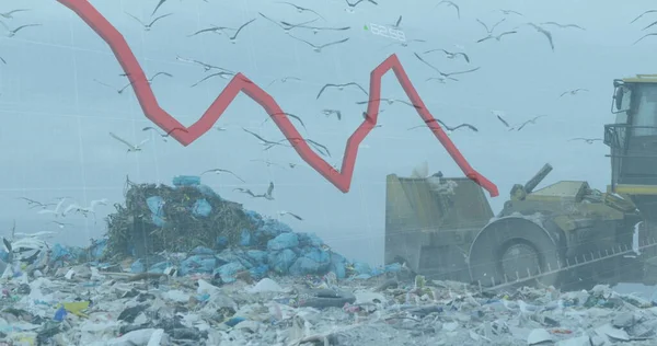 Red Graph Moving Bulldozer Working Landfill Birds Sky Finance Economy — Stock Photo, Image