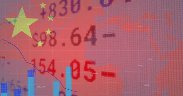 Imagen Bandera China Ondeando Sobre Procesamiento Datos Financieros Mapa Mundial —  Fotos de Stock