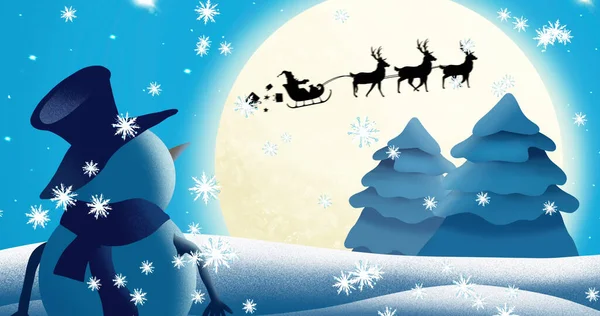 Image Santa Claus Sleigh Reindeer Moving Moon Winter Landscape Christmas — Stock Photo, Image