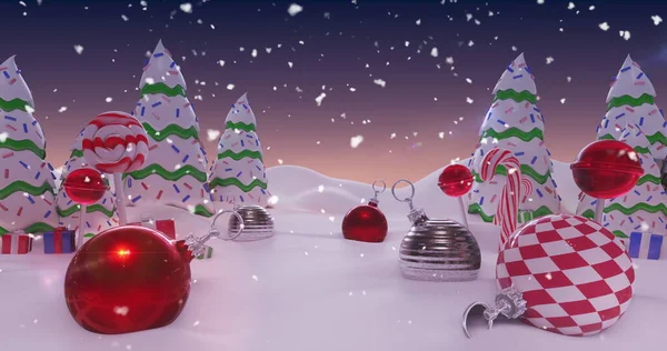 Afbeelding Van Sneeuw Vallen Een Besneeuwd Bos Versierd Voor Kerstmis — Stockfoto