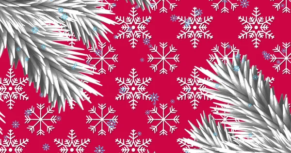 Immagine Neve Che Cade Con Abeti Bianchi Sfondo Rosso Natale — Foto Stock
