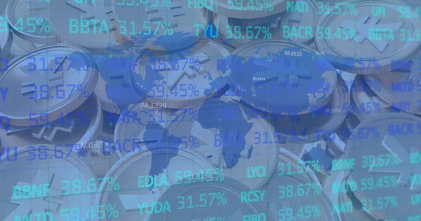 Imagem Processamento Dados Financeiros Sobre Mapa Mundo Moedas Iene Finanças — Fotografia de Stock