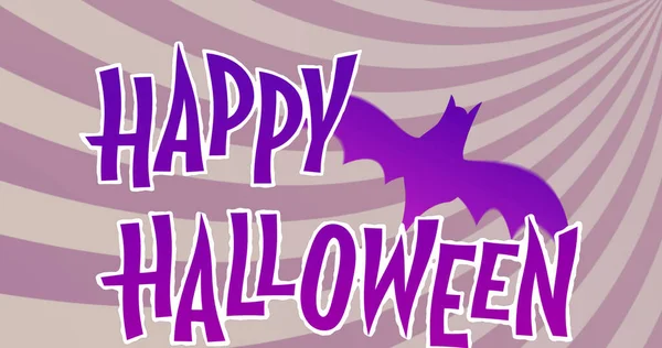 Imagen Halloween Saludos Murciélago Ondeando Sobre Fondo Púrpura Rayado Halloween — Foto de Stock