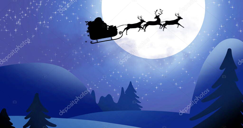 Image of a black silhouette of Santa Claus in sleigh being pulled by reindeers with full moon in the background. 